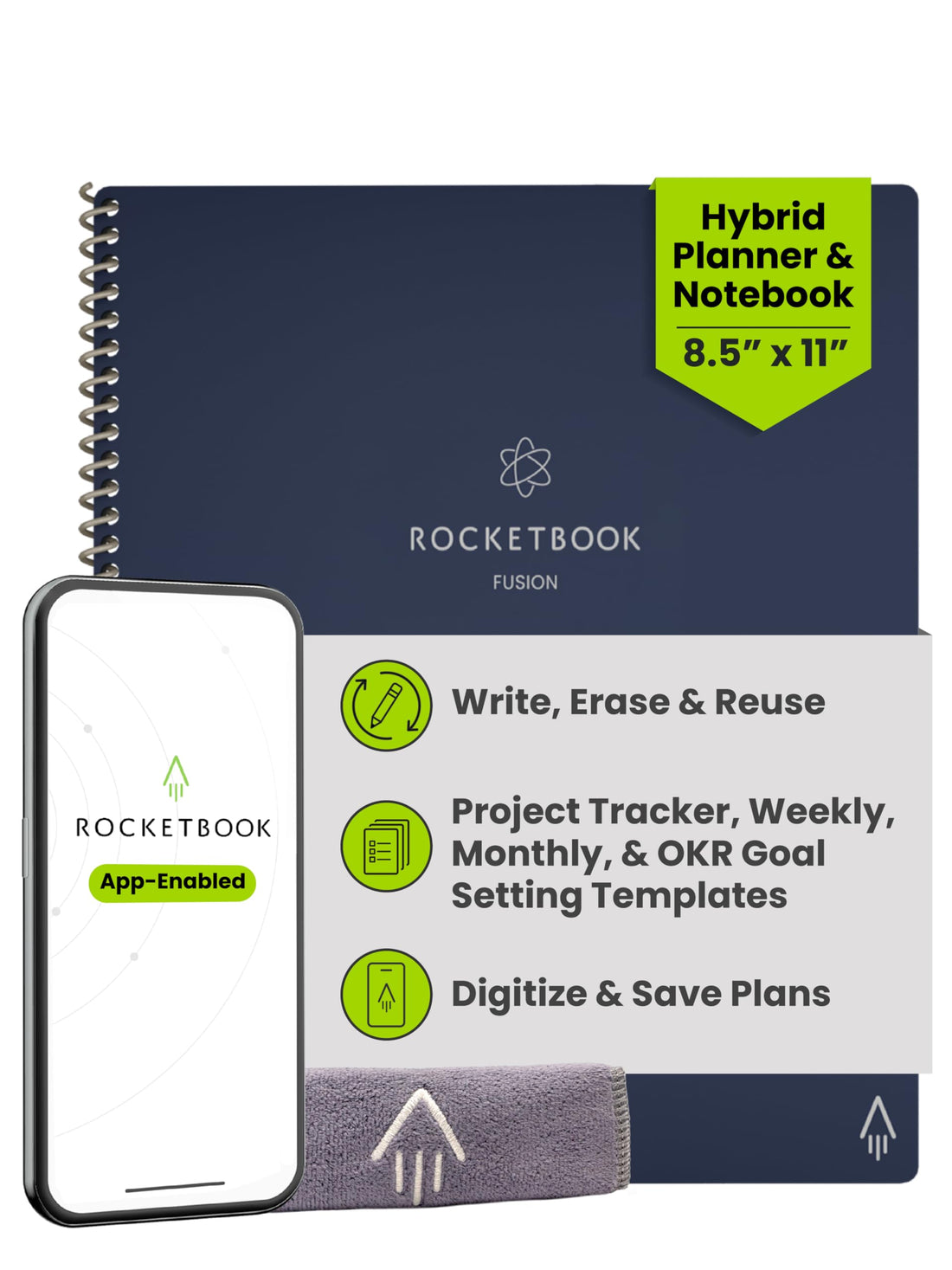 Rocketbook Fusion Reusable Digital Notebook - Smart Notepad A4 Blue, 7 Styles, To Do List, Daily Journal, Weekly & Monthly Planner with Frixion Erasable Pen, Office Gadget Reduces Paper Waste