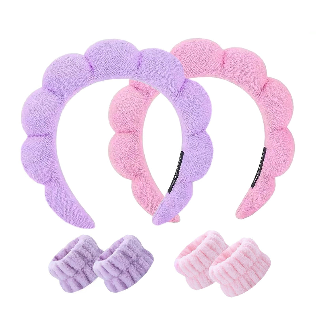 Spa Headband and Wristband Set for Women,Terry Cloth Sponge Headband for Washing Face,Makeup,Facial Mask and Skincare (Pink,Purple, One Size)