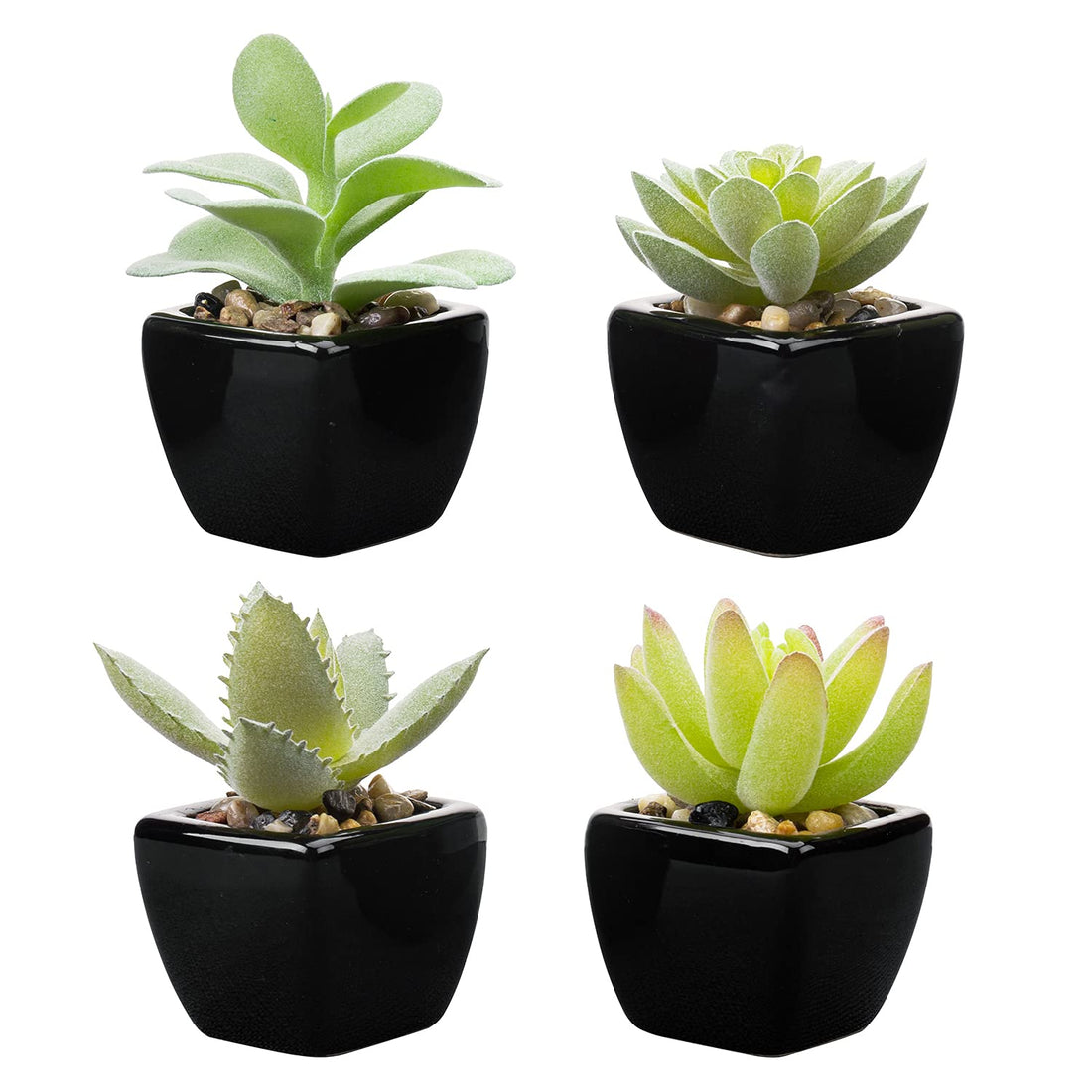 MyGift Mini Assorted Artificial Succulent Fake Indoor House Plants in Square Black Ceramic Pots, Set of 4