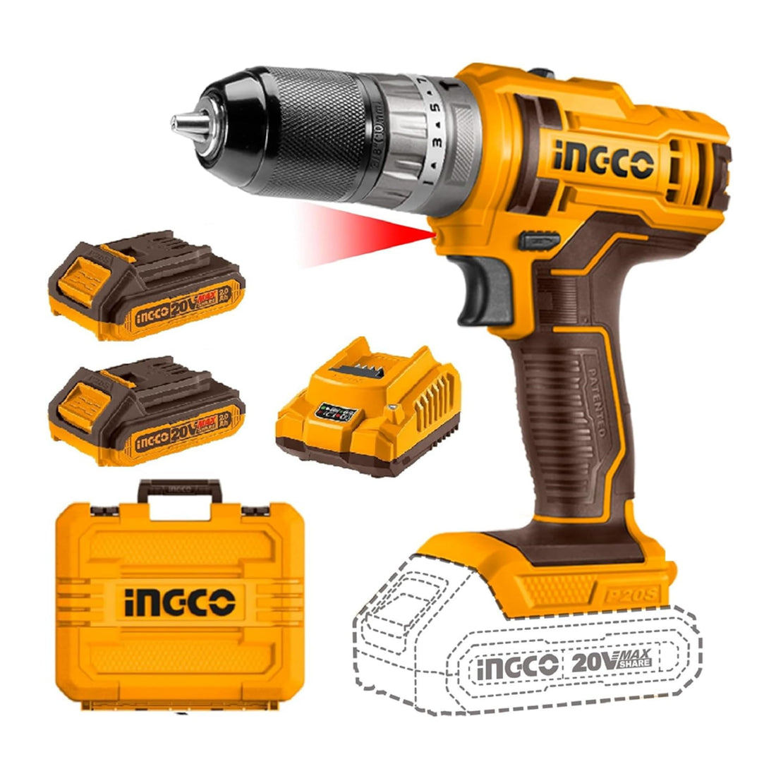 INGCO 20V Impact Drill Machines,with 47 pcs Drill Bits, Auto-lock Keyless Chuck, Spindle Lock Function, 45NM, 18+1+1, with 2 pcs Batteries and Fast Charger