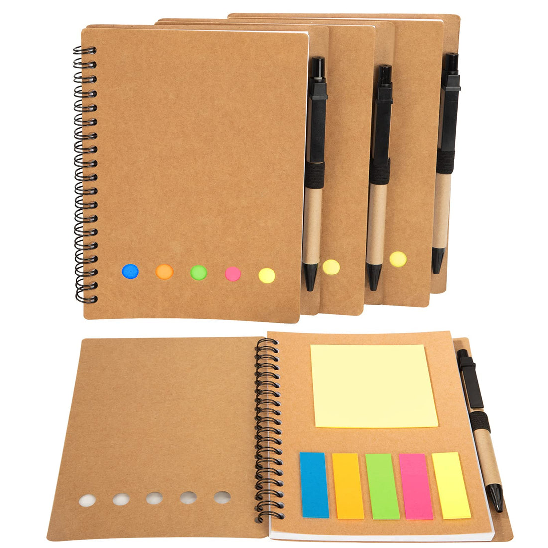 Spiral Notebook Spiral Book Kraft Paper Cover Notepad Diary Notebook with Pen in Holder & Sticky Notes & Colourful Sticky Marker Film for School, Office, Home, Pack of 4