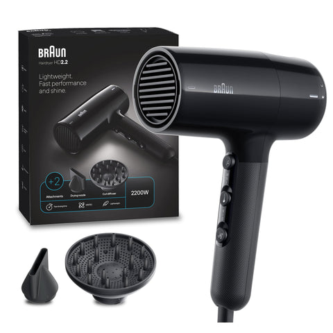 Braun HD 2.2 Hair Dryer BRHD225SDE, 2200 Watts, Ionic Technology for Frizz-Free Hair, 3 Heat & Speed Settings, Cool Shot Function, Diffuser Nozzle, Ergonomic Black Design – BRHD225E
