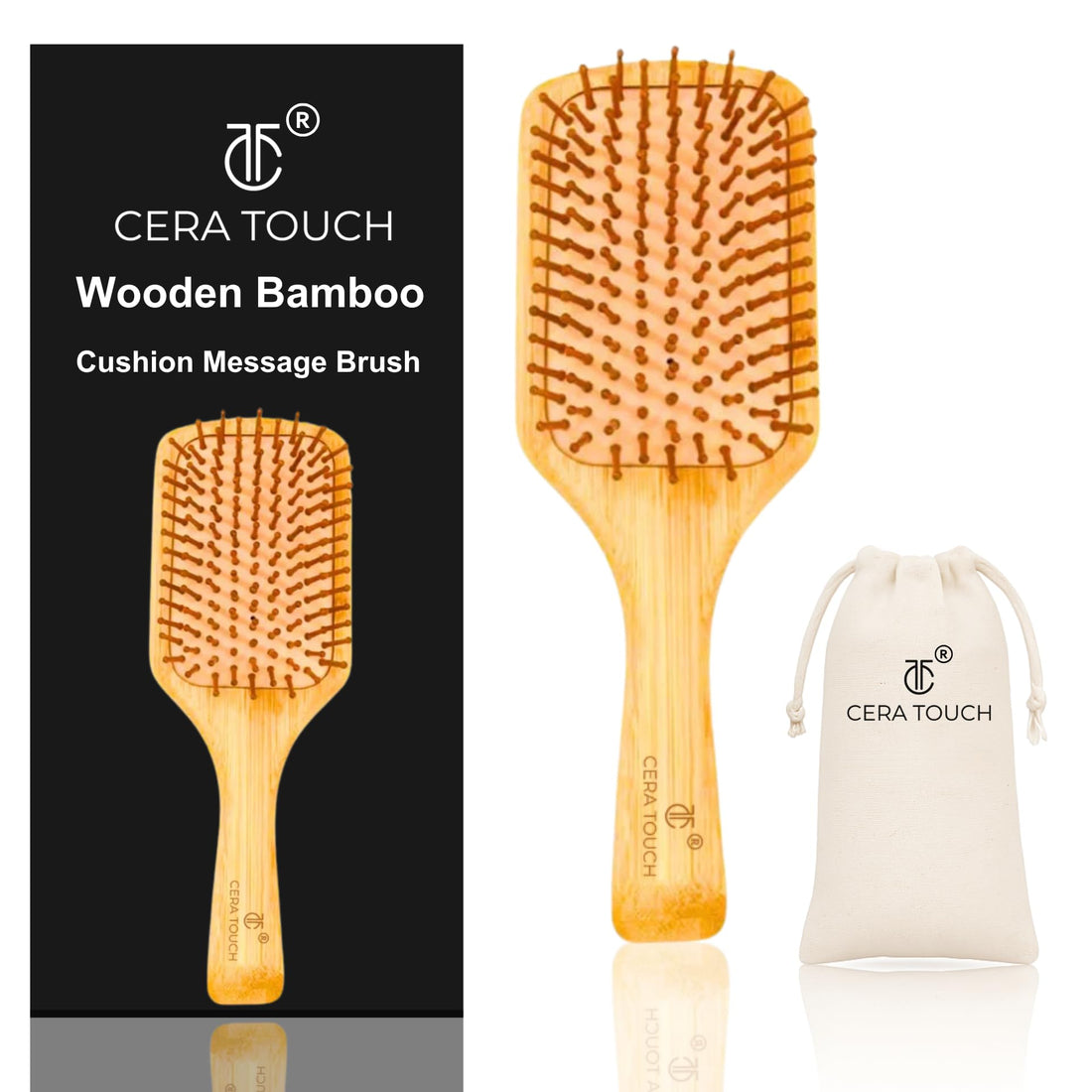 Cera Touch Bamboo HairBrush – Wooden Paddle Hair Brush for Women & Men, Anti-Frizz Detangling & Scalp Massage, Salon-Quality Cushion Wooden HairBrush for Smooth & Healthy Hair.