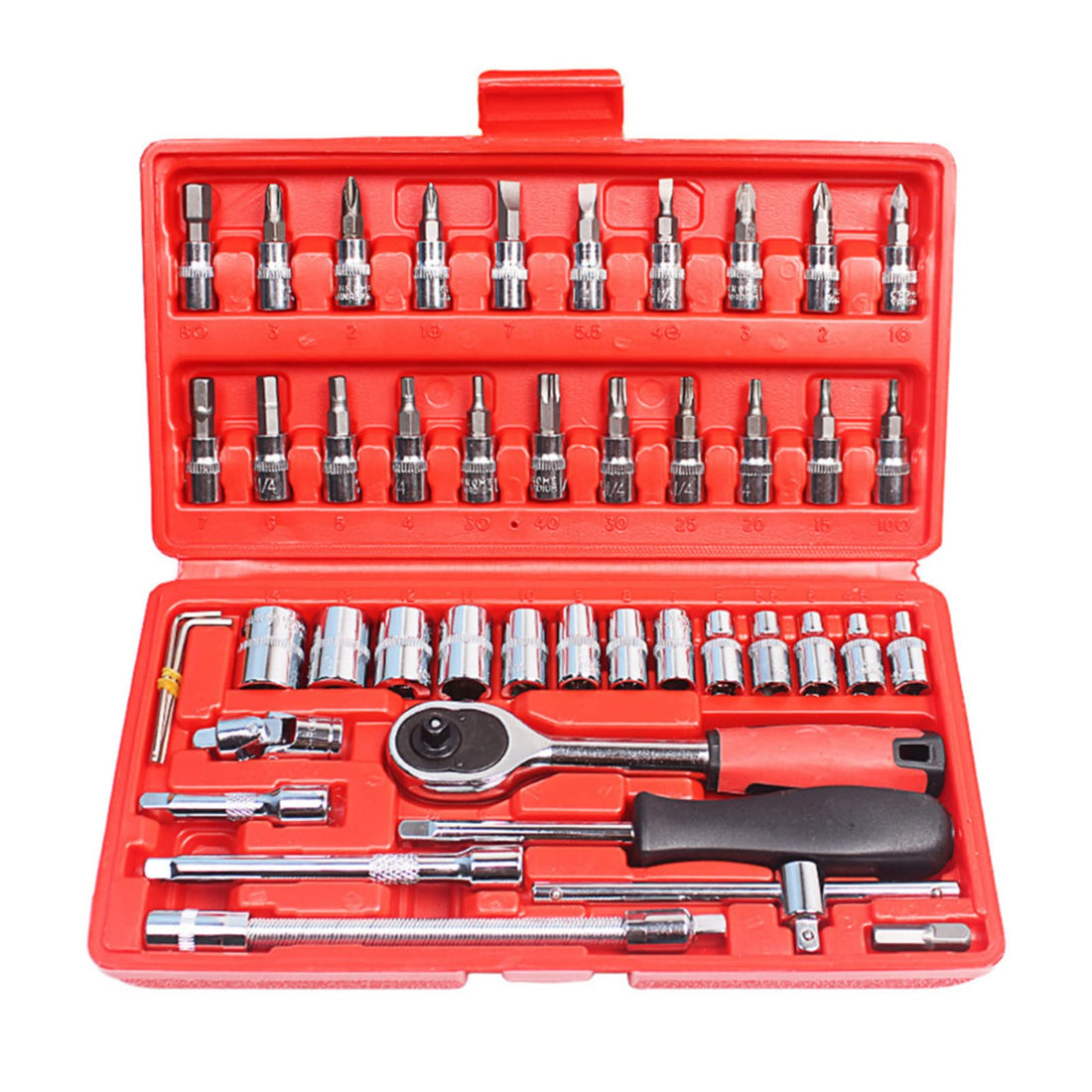 Socket Ratchet Wrench Set, 46 Pieces 1/4 Inch Drive Includes Bit Socket Set and Extension Rod, Mechanics Tool Kit, Metric with Storage Case for Household and Car Repair