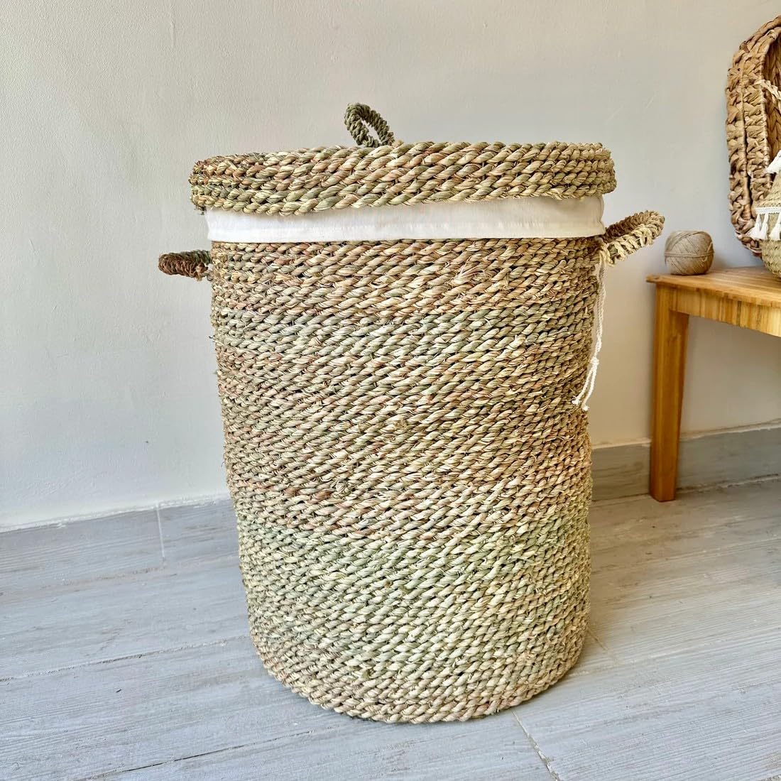 Natural Woven Halfa Grass Laundry Basket with Cotton Liner, Round Cylindrical Shape, Dual Handle Design, 45x55cm, Beige Storage Hamper for Home (45x55cm)