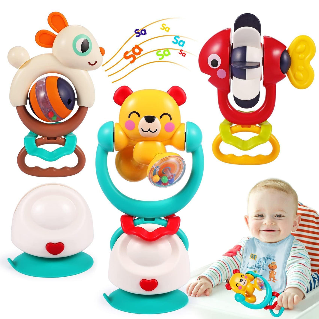 Baby Toys 6-12 Months Infant Toys Set of 3 High Chair Suction Cup Rattle Teething Toys for Baby 6 7 9 12-18 Months 2-in-1 Sensory Development Tray Newborn Toy Gifts for 1 2 Year Old Boys Girls