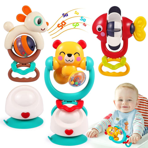 Baby Toys 6-12 Months Infant Toys Set of 3 High Chair Suction Cup Rattle Teething Toys for Baby 6 7 9 12-18 Months 2-in-1 Sensory Development Tray Newborn Toy Gifts for 1 2 Year Old Boys Girls