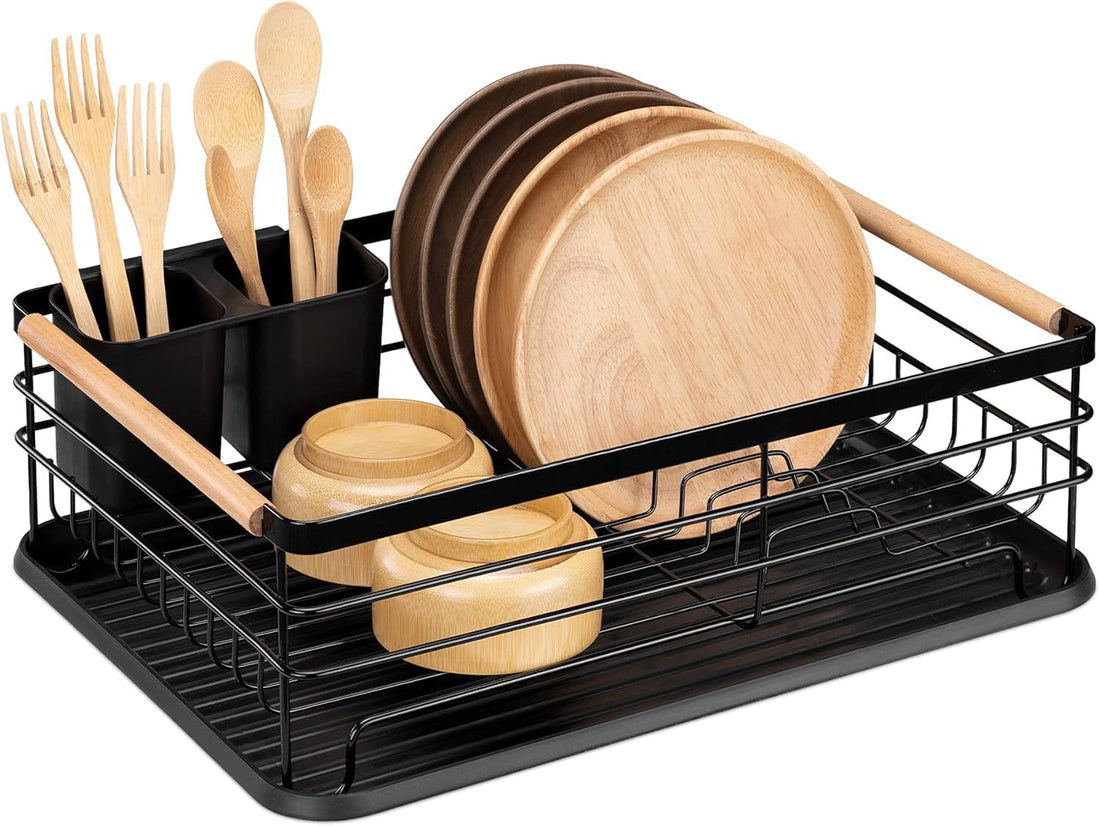 Dish Drainer, Black Metal Dish Drying Rack with 2 Side Holders, Modern Design