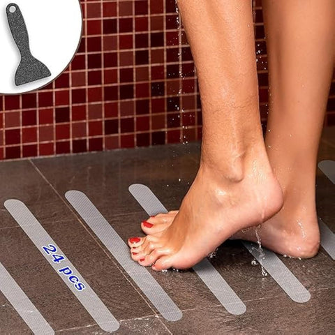 24 PCS Non-Slip Bathtub Stickers - Safety Bathroom Tubs Showers Treads - Adhesive Decals Anti Slip Shower Safety Bathtub Strips with Premium Scraper for Bath Tub Shower Stairs Ladders Boats