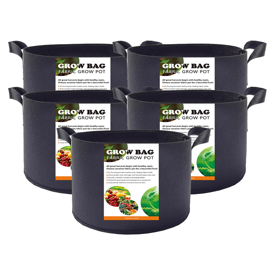 5-Pack Fabric Grow Bags, Heavy Duty Thickened Fabric Planters Pots, Aeration Fabric Pots with Handles, Non-Woven Fabric Bags Suitable for Vegetables Flowers Mushroom (10-Gal)