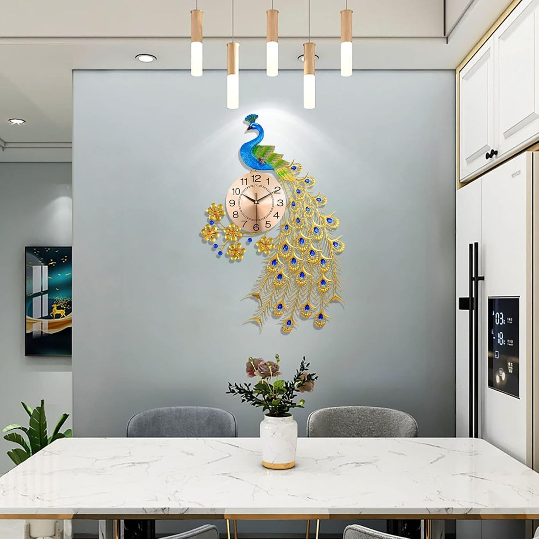 WENGTY Metal 3D Peacock Big Size Analog Wall Clock for Home Non-Ticking Silent Art Decorative Modern Big Wall Clock for Living Room Decor Creative Personality Modern Art Quartz Clock Large Size