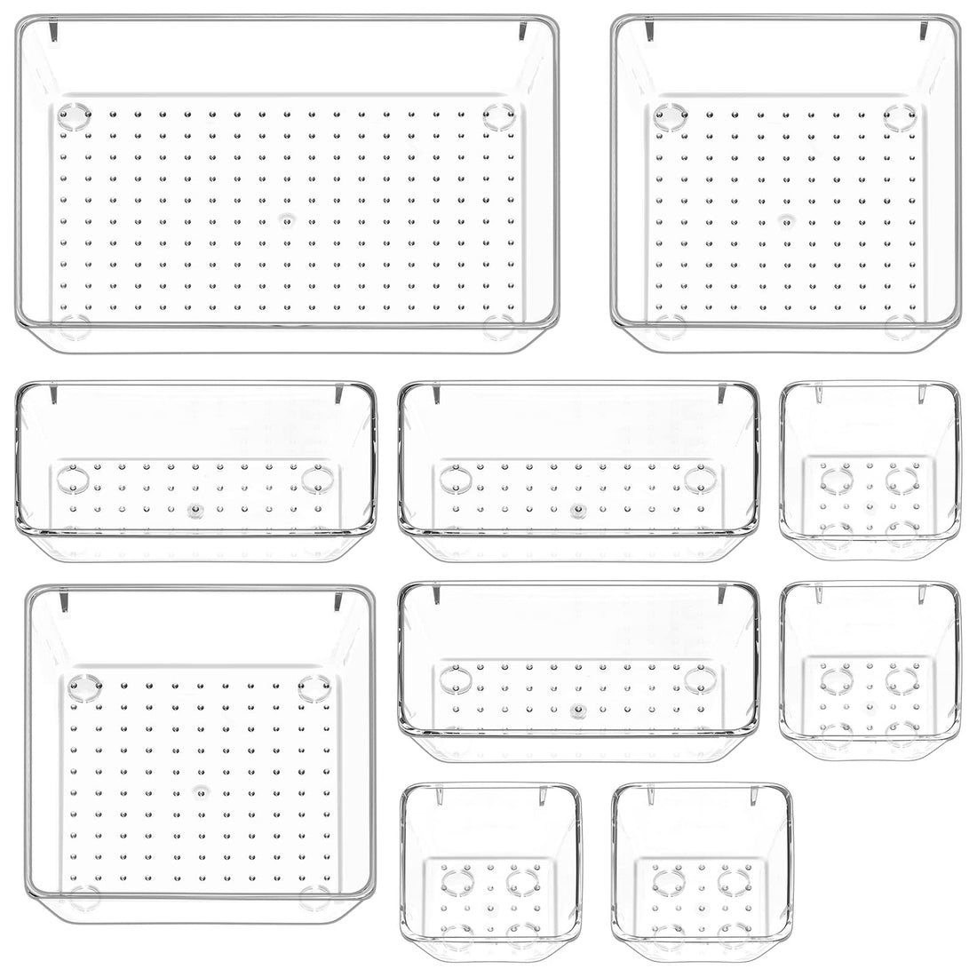 Puricon 10 Pcs Desk Drawer Organizers Trays Set Clear Plastic Storage Bins Bathroom Drawer Tray Dividers Vanity Trays Organizer for Bedroom Dresser Makeup Kitchen Utensil Office