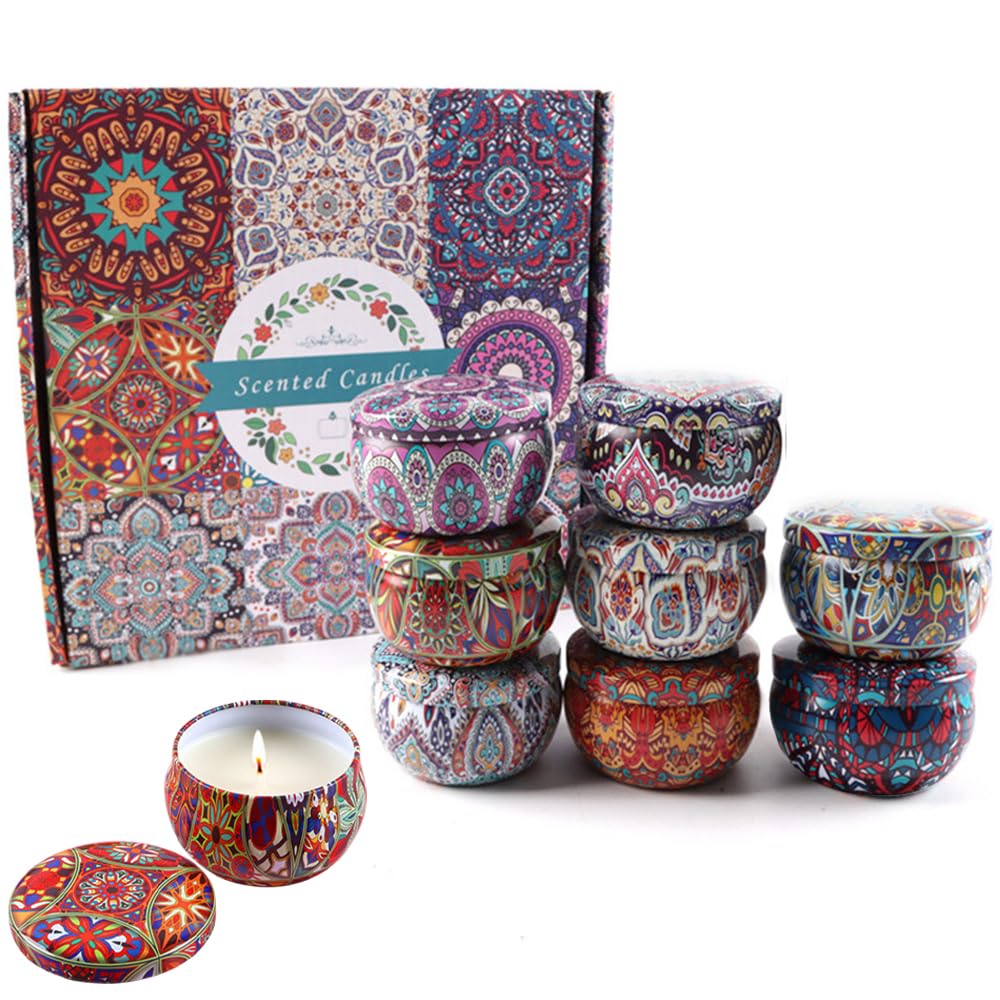 Scented candles gift set, 9pcs travel tin candle portable relaxing aromatherapy candle smokeless with natural soy wax, various fragrances jar candles for bath yoga sleep festival wedding party gifts