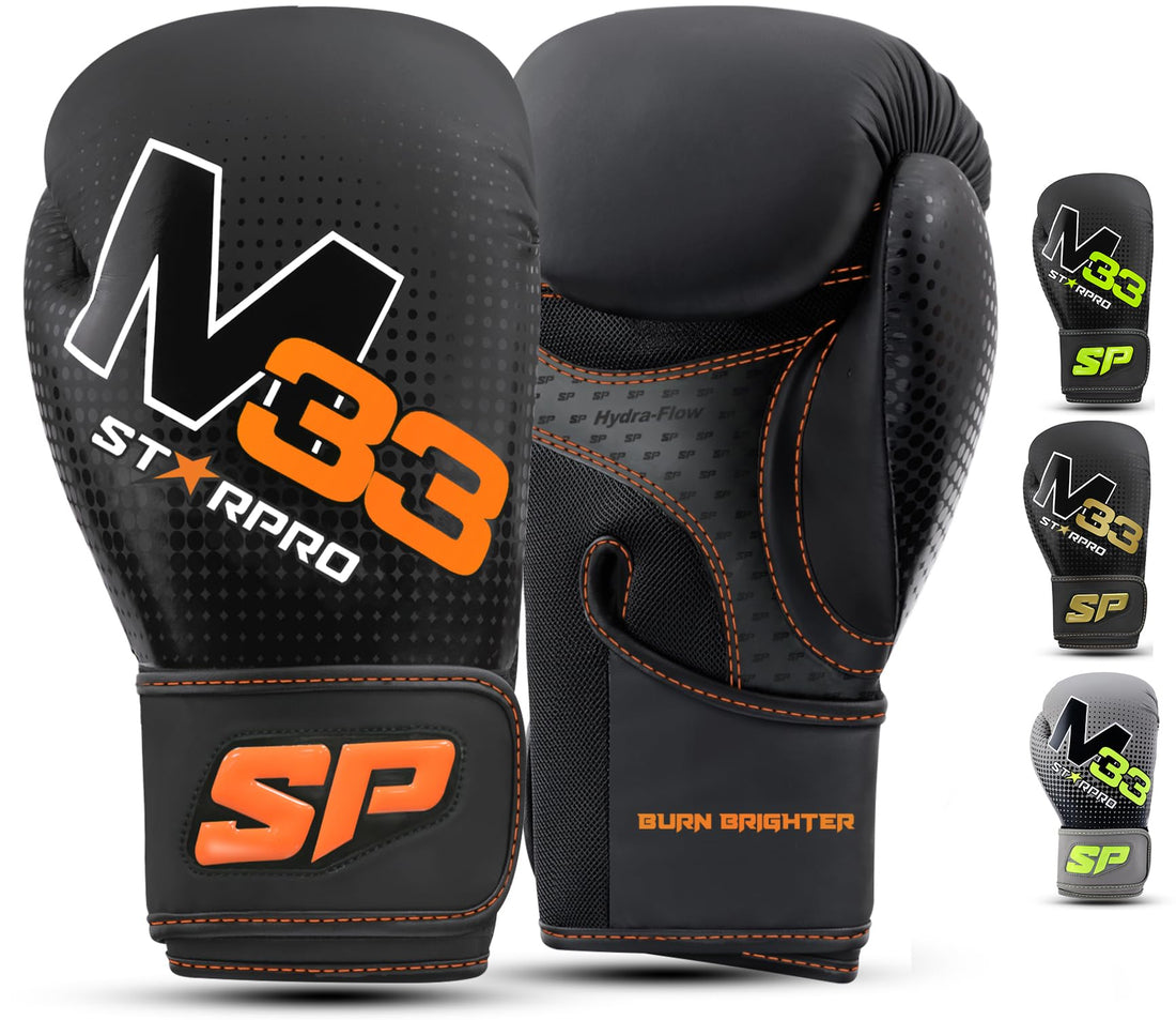 Starpro M33 Black Gloves - 8oz 10oz 12oz 14oz 16oz - Boxing Gloves for Training Sparring - Men and Women - One Piece Padding - Wrist Protection - Breathable