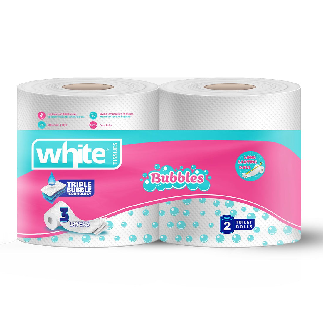 White Bubbles Toilet Paper - 2 Rolls, 3Ply; Ultra Soft, Strong, and Highly Absorbent Tissue