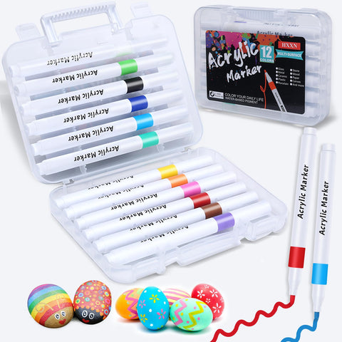12 Colors Acrylic Paint Markers Pens Set with Organization Pen Box Premium Paint Pens for Graffiti, Rock, Wood, Canvas, Glass, Fabric, Ceramic, DIY Crafts Art Supplies