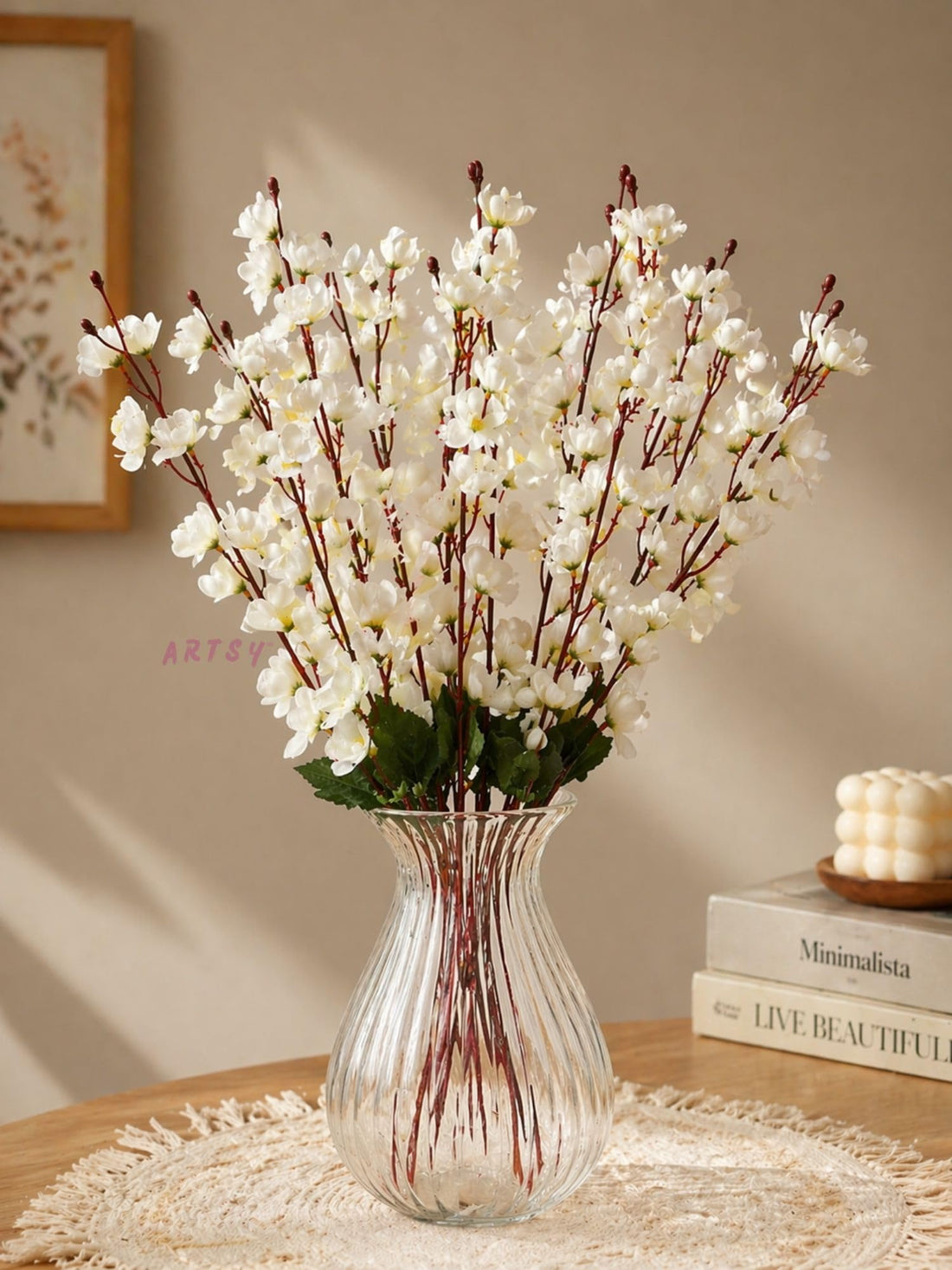 ARTSY® Artificial Flowers for Decoration Cherry Blossom Flower Bunch for Vase, Home Decor, Without VASE, Combo (White, Pack of 2 Pieces)