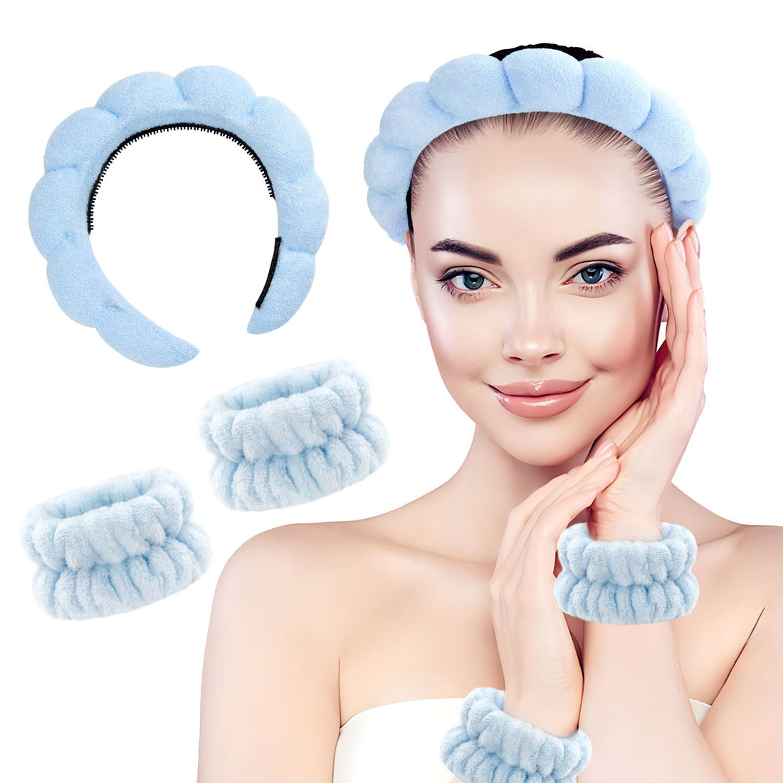 Skincare Hair Band, Hair Band, Cosmetic Hair Band, Bubble Skincare, Make-Up Hair Band, Hair Band, Hair Band, Make-Up Hairband, Bubble Headband, Spa Headband, Skincare Headband with Bracelet, Blue