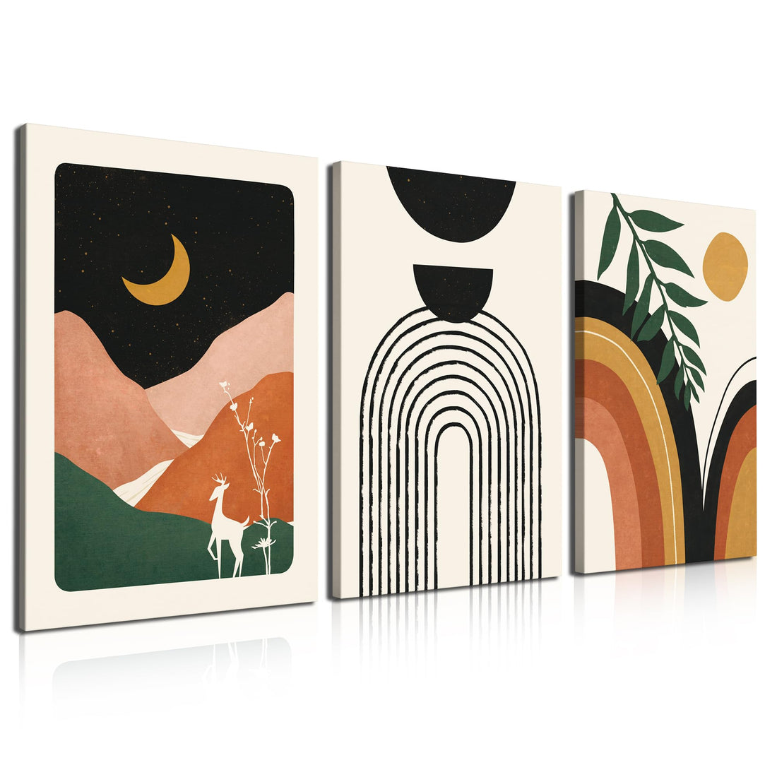Boho Wall Art Prints 3 Boho Black Beige Wall Decor, Mid Century Modern Wall Art, Neutral Abstract Geometric Framed Canvas Room Wall Art for Living Room, Bedroom, Office, Bathroom 12 * 16 inch