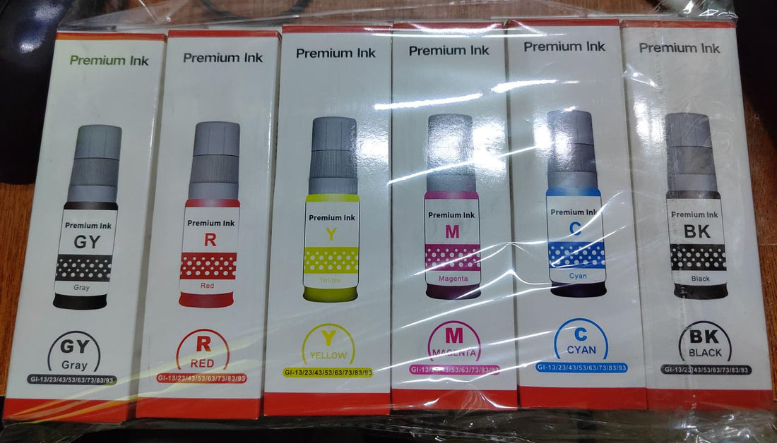 High Quality Compatible Ink Set for Ca.non GI Series, 6 Colours (BK/C/M/Y/R/GY), Compatible with Pixma G540-G640 Series and more