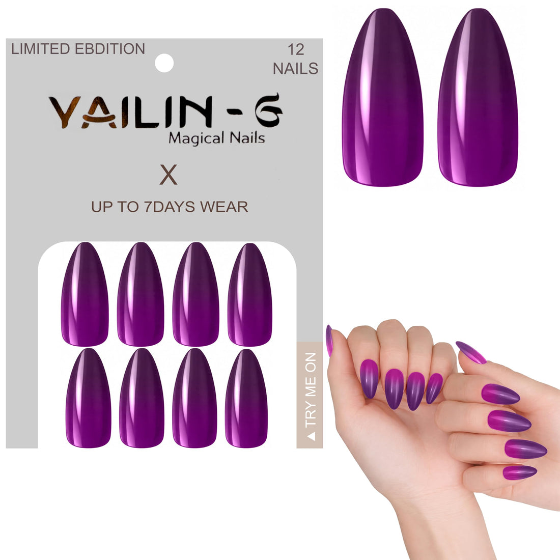 Round Nail Tips - Set Of 12 Nail Tips, Pre-Shaped Full Cover False Nails & Professional Nail Glue, Quick & Easy Application (Purple)
