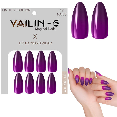 Round Nail Tips - Set Of 12 Nail Tips, Pre-Shaped Full Cover False Nails & Professional Nail Glue, Quick & Easy Application (Purple)