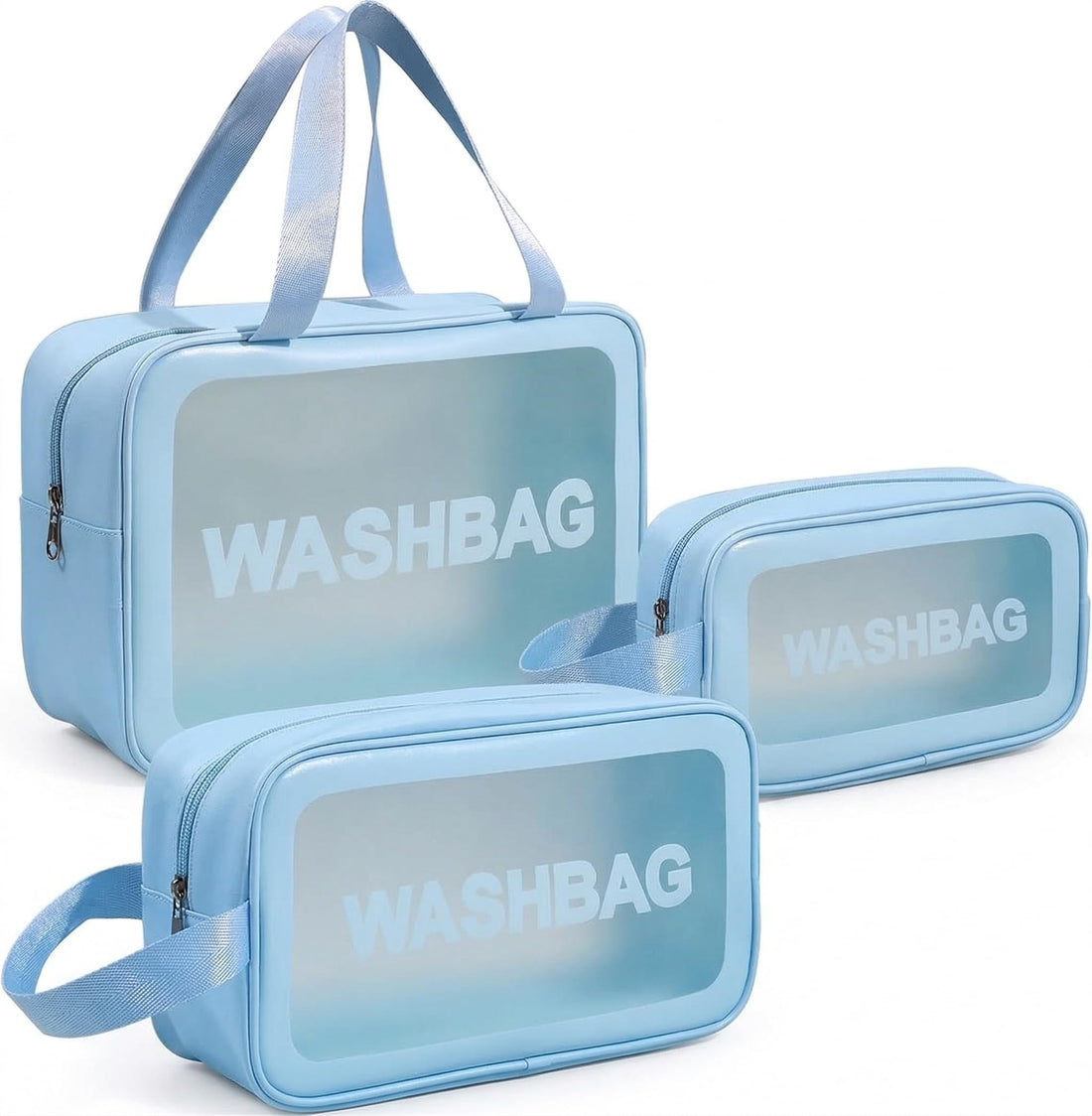 MAKEUP 3 Pieces Clear Cosmetic Organizer Travel Toiletry Bag Waterproof Zipper Bag with Handle Large Capacity for Makeup Skincare Accessories for Girls Women (Sky Blue)