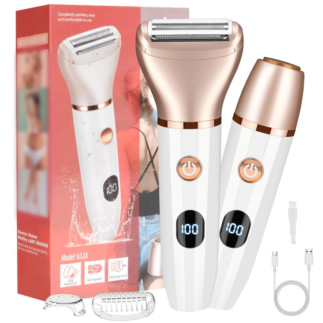 Necomi Electric Razor for Women, 2-in-1 Women Electric Shaver Hair Remover for Face, Legs and Underarm, Portable Waterproof Bikini Trimmer Wet and Dry Cordless Lady Hair Removal USB Recharge (White)