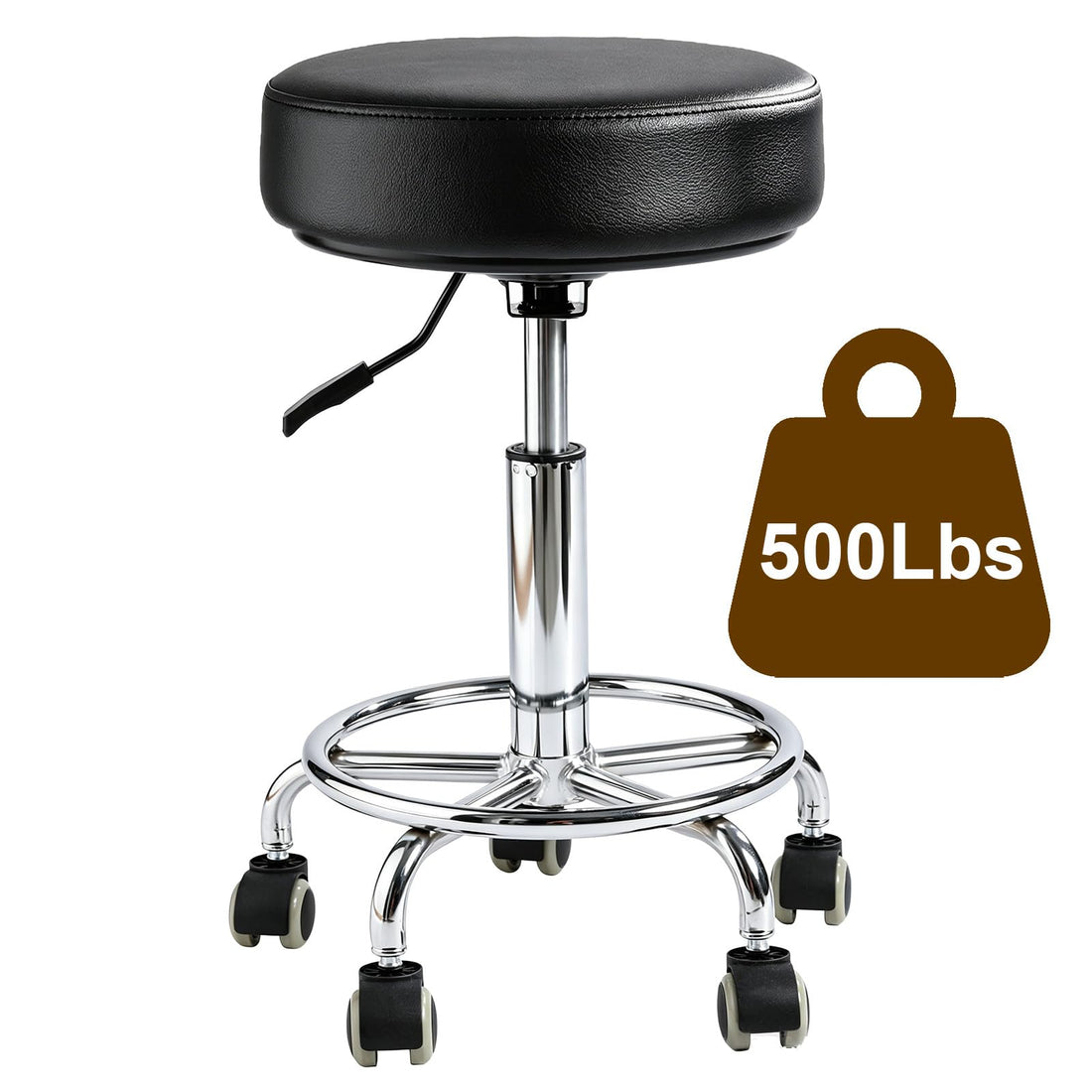 Round Rolling Stool with Footrest, Patent Leather Drafting Stool Chair with Wheels Work Spa Salon Seat