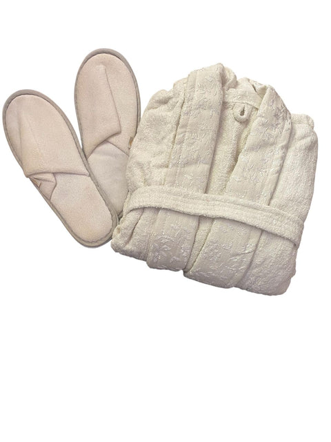 Home Bathroom Set, Bathrobe and Slippers Set, Soft Cotton Cream Beige Color for Women and Men
