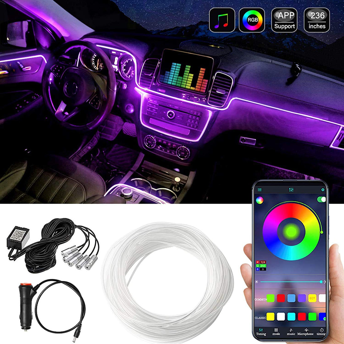 LIMOS Car LED Strip Lights,Multicolor RGB Car Interior Lights,16 Million Colors with Fiber Optic,Ambient Lighting Kits, Sound Active Function and Wireless Bluetooth APP Control (5 in 1 <6 meters>)