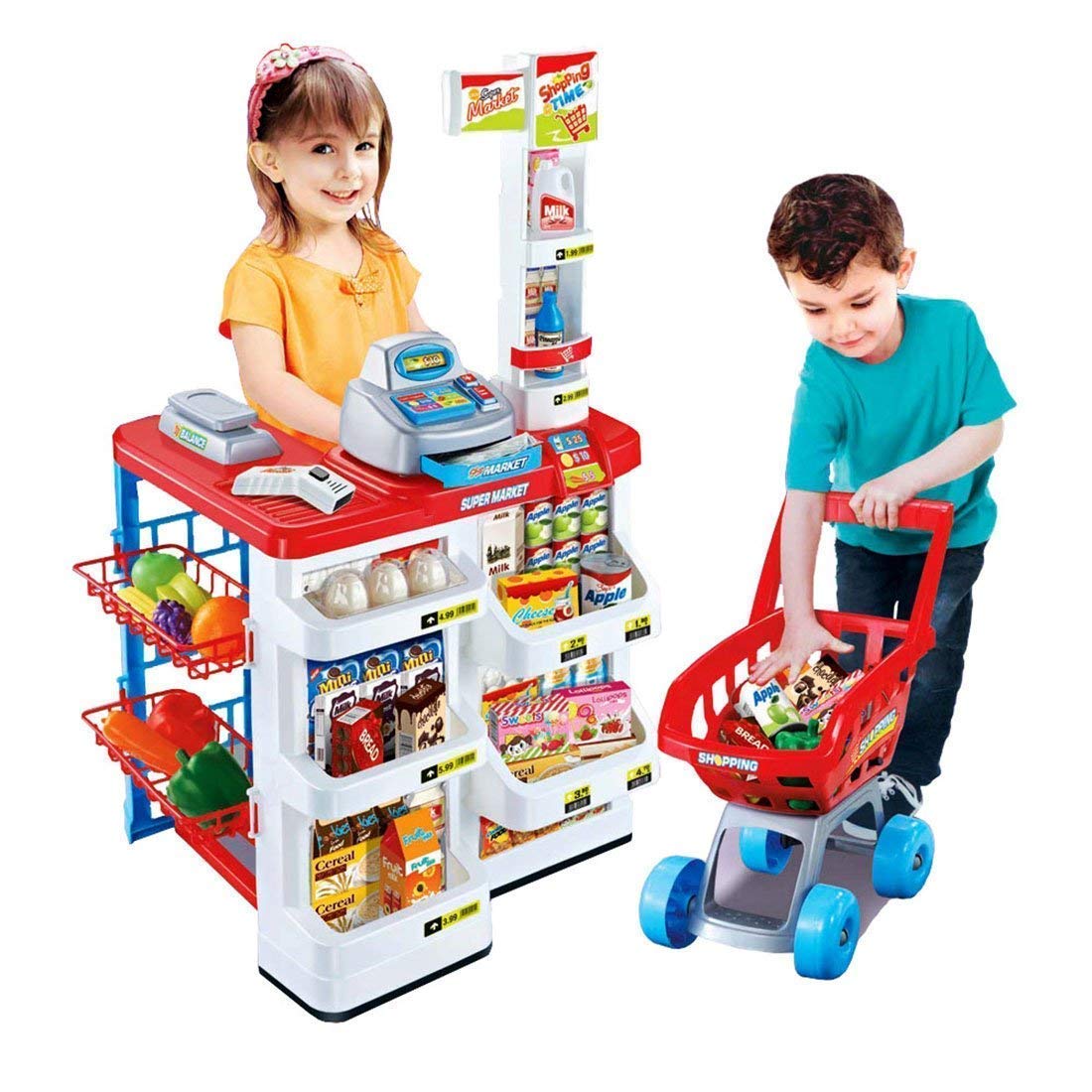 Big Size Supermarket Kit for Kids, Super Market Set Toy with Shopping Cart and Sound Effects, Pretend Play Kitchen Set Kids Toys for Boys and Girls (Home Super Market (RED)