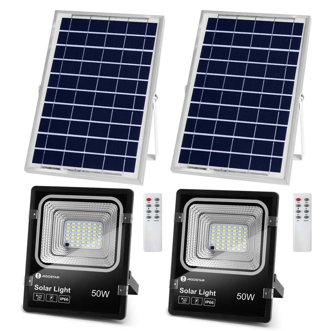 Aigostar -Solar LED Outdoor Floodlight with Solar Panel, 50W, 6500K. Ultra Bright Spotlight with IP66 Protection. Outdoor Solar Light for Gardens, Gates, Yards, Garages, Etc., 2 Packs