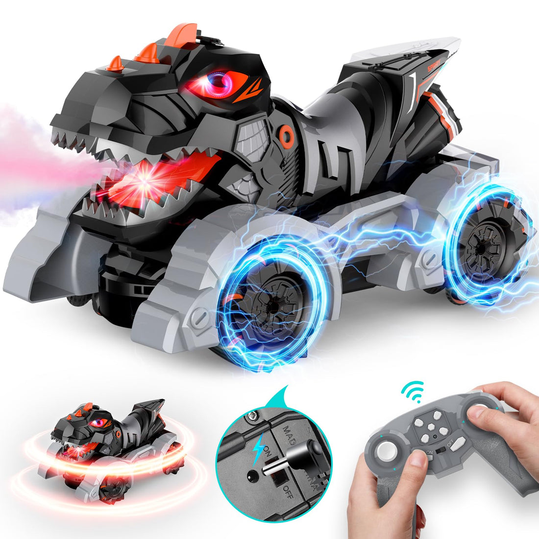 AEROQUEST Monster Trucks Toy for Boy, 1/14 Remote Control Dinosaur Car Toy with Light Music & Spray 2.4GHz RC Car Trucks for Kids 5-7 8-12