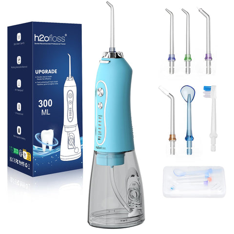 H2ofloss Cordless Portable Water Dental Flosser, 5 Mode IPX7 Waterproof Oral Irrigator, 300ML Rechargeable WaterFlosser for Teeth Cleaning - Sky Blue