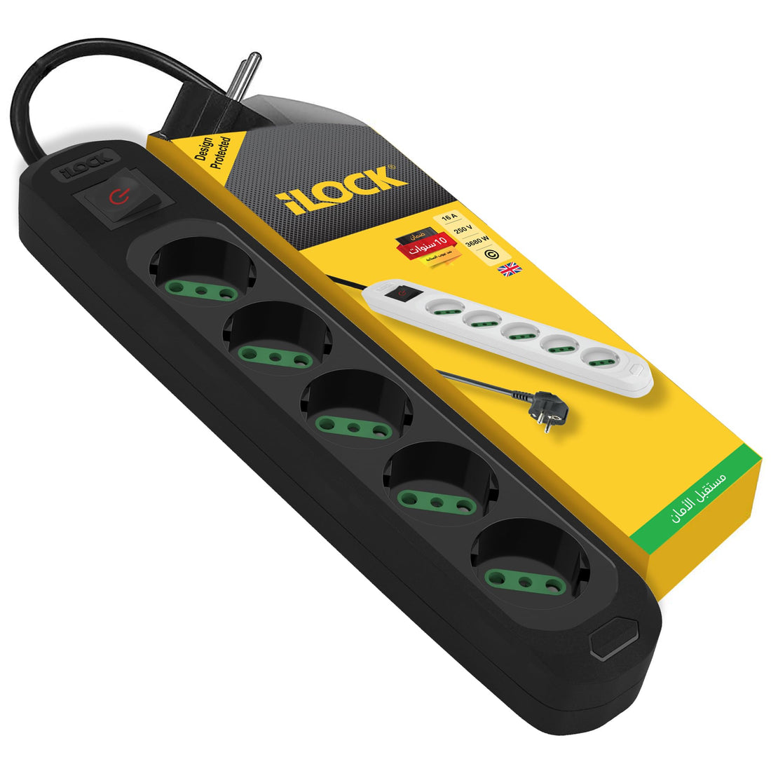 ILOCK power strip, 5 outlets with switch, 3500W (Black, 1.5 m)