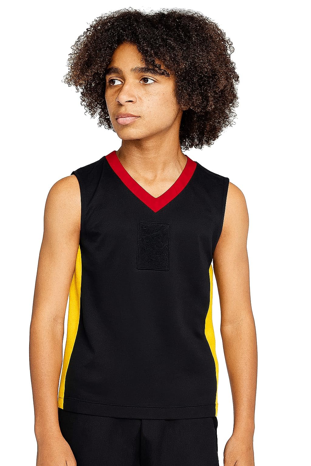 Athletic Basketball Jersey, Sleeveless V-Neck Tank Top, Black with Red Trim and Yellow Side Panels, Sports Performance Wear