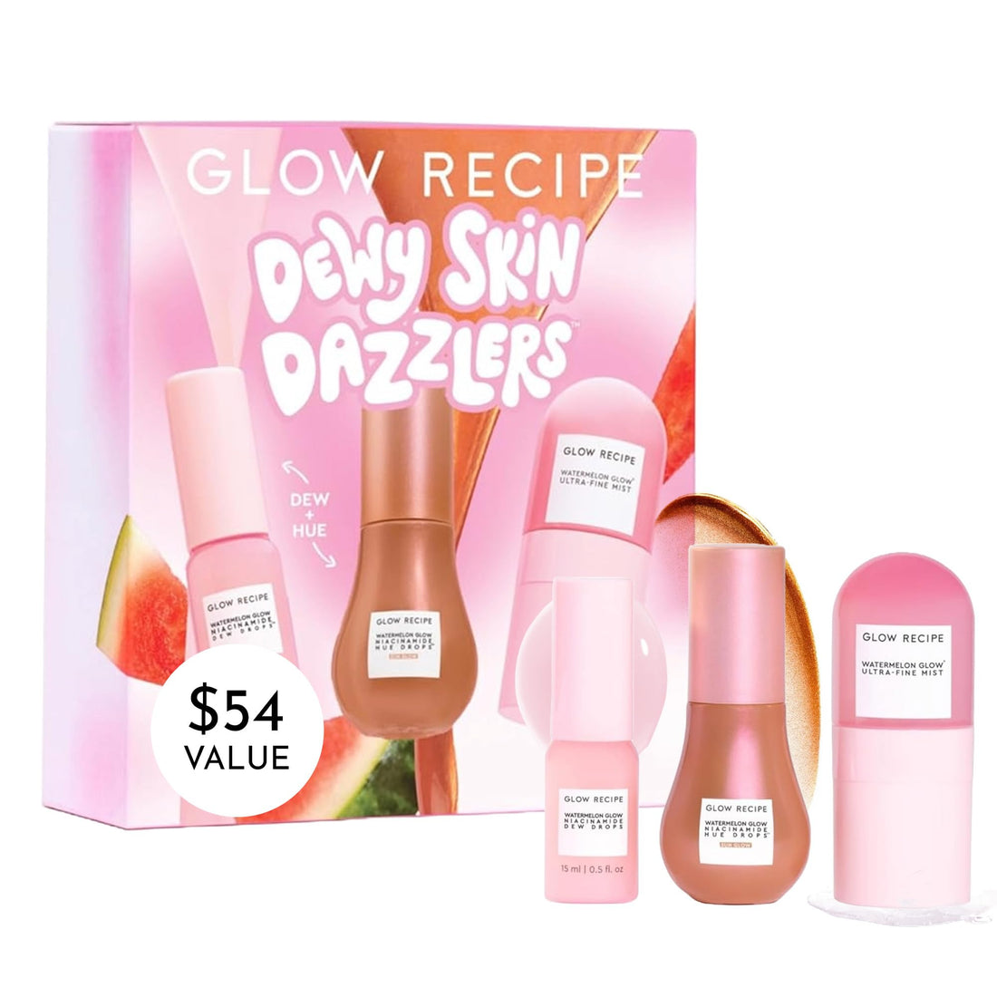 Dewy Skin Dazzlers Travel Gift Set - Niacinamide Dew Drops Facial Serum + Hue Drops Bronzing Serum + Watermelon Glow Ultra-Fine Facial Moisturizer Mist (3 Pack)
