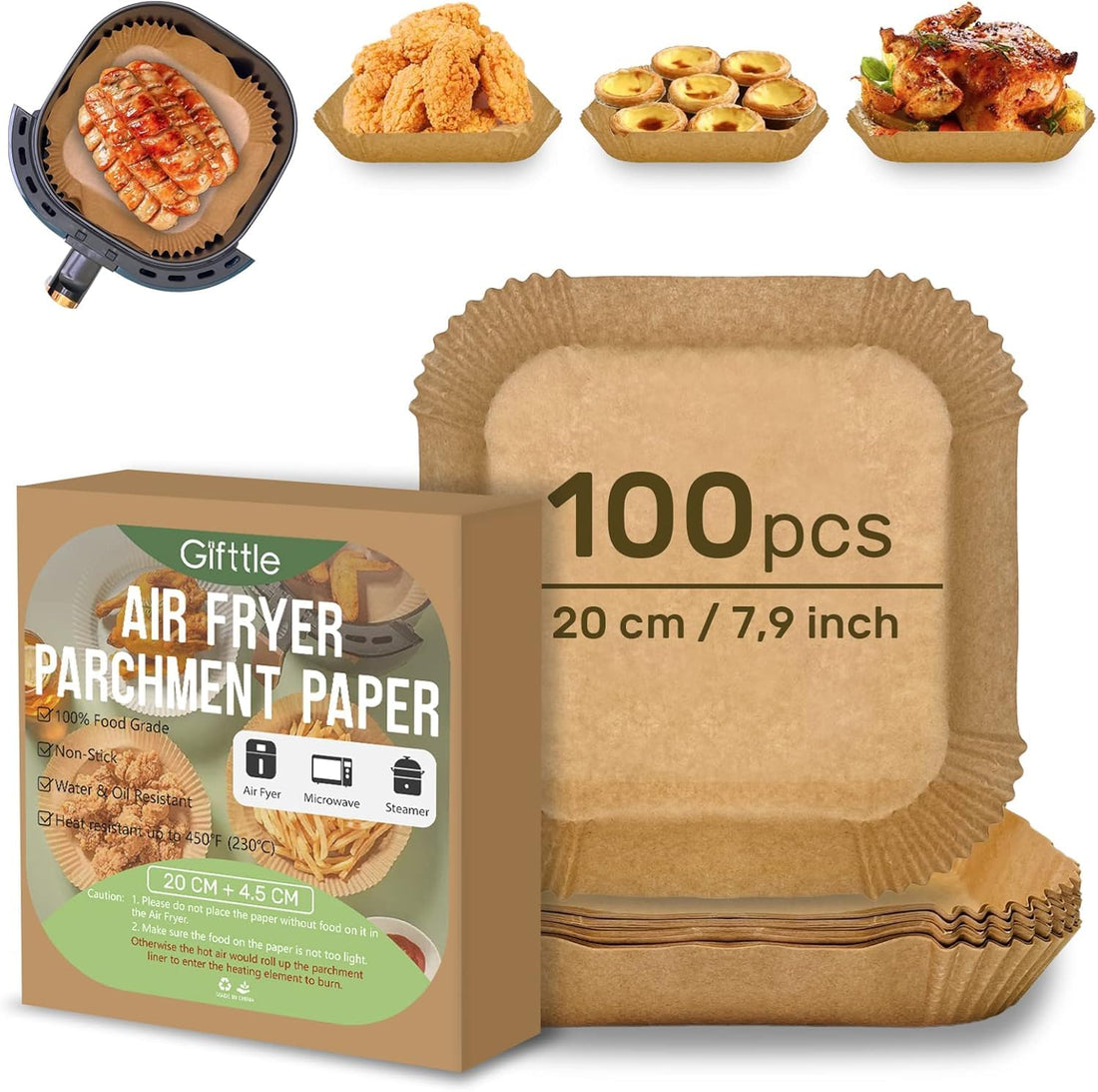 Giftl Parchment Paper for Hot Air Fryer, Pack of 100, 20cm+4.5cm, Non-Stick Disposable Pans, Parchment Paper for Hot Air Fryer, Steamer, Microwave