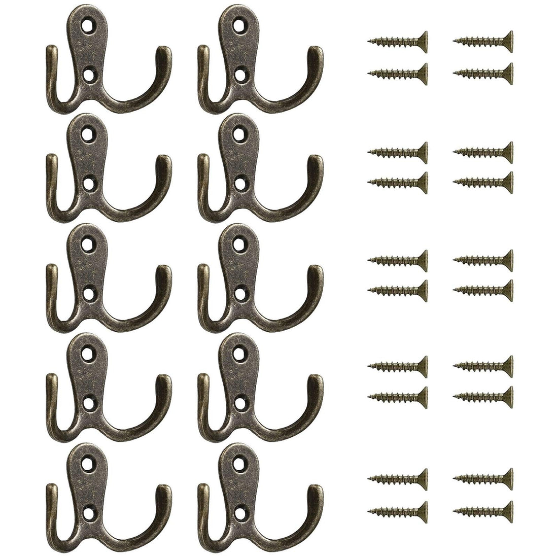 Antique Coat Hook, 10 Pieces Small Metal Double Retro Hooks for Hanging Coats Clothes Robes Towels Bags Hats Caps Keys Scarves Mugs, Bronze