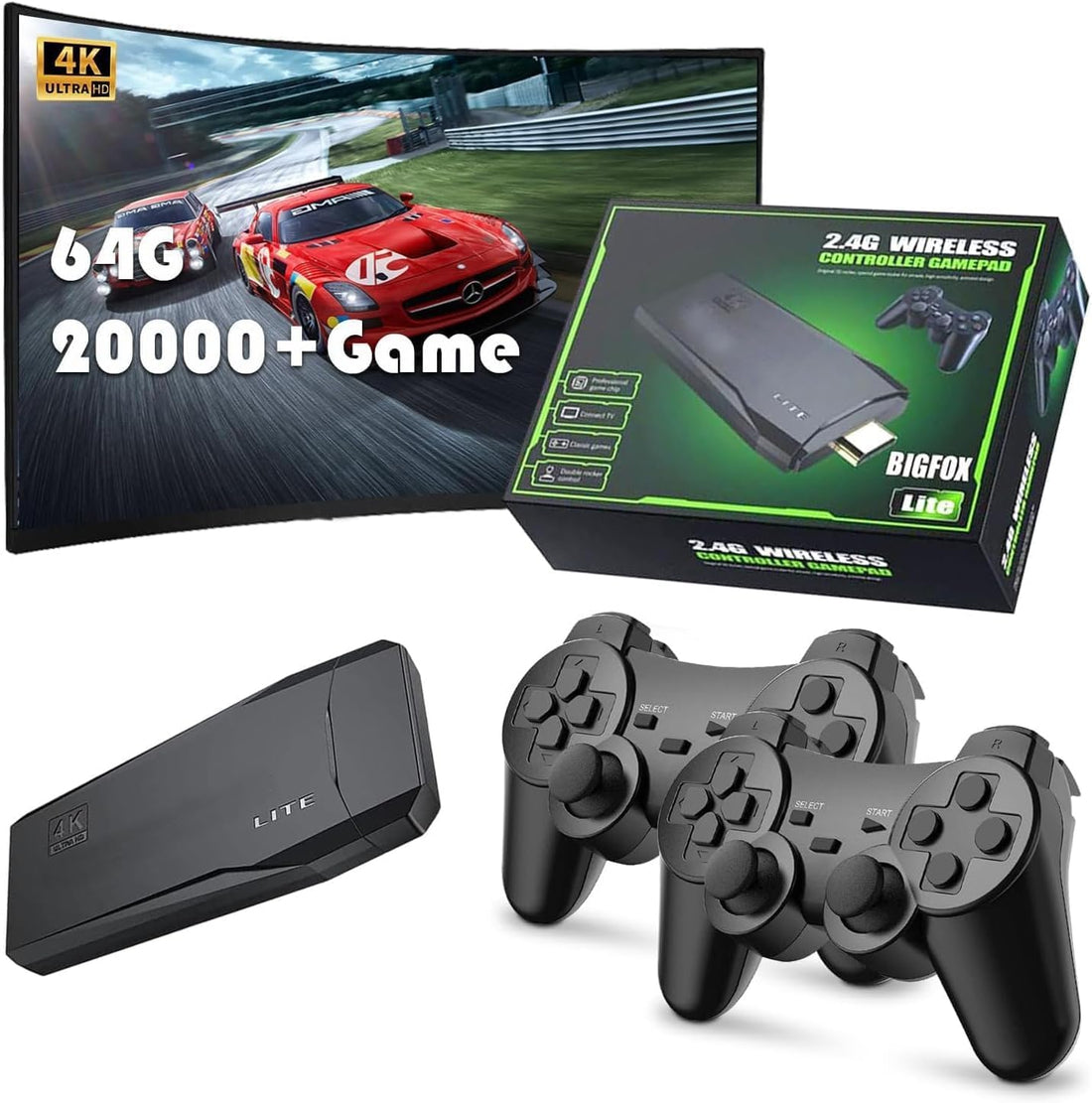 Wireless Retro Game Console, Retro Game Stick, Plug and Play Video Game Stick Built in 10000+ Games, 4K HDMI Output, 9 Classic Emulators, with 2.4G Wireless 2 Controllers(64G)