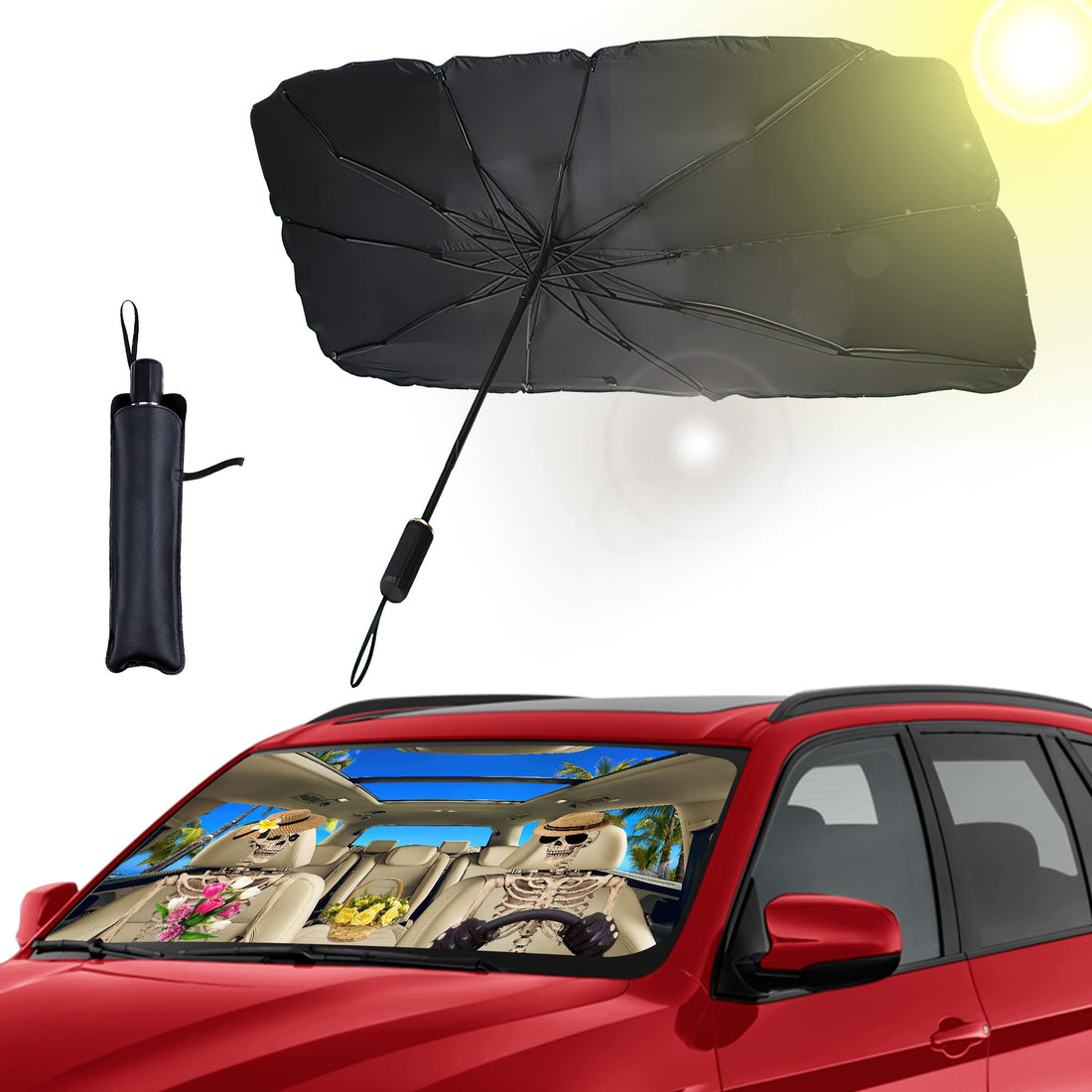 Umbrella Sunshades for Car, Funny Skeleton Skulls Hawaii Car Windshield Sun Shade Umbrella for SUV Sedan Truck-Block UV Rays Reflector Umbrella with Storage Bag-55â€ x31â€