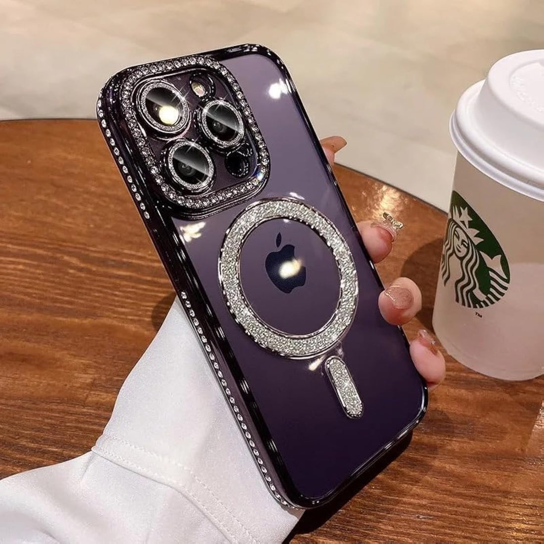 Fekra Case for Iphone 13 pro max,Case Compatible with Mag-Safe, Magnetic for Women, with Edge Diamond Case Cover, Transparent Protective Case (Purple, iPhone 13 Pro max)