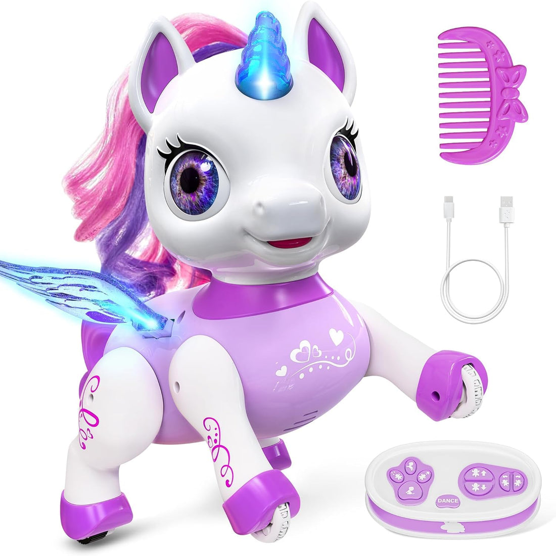 TOYS LAND Unicorn Robot Toy for Girls, Remote Control Unicorn Robot with LED Wings, Music & Dancing Mode, Rechargeable RC Smart Pet, Electric Robotic Birthday Gift for Kids Age 3+ (Purply)