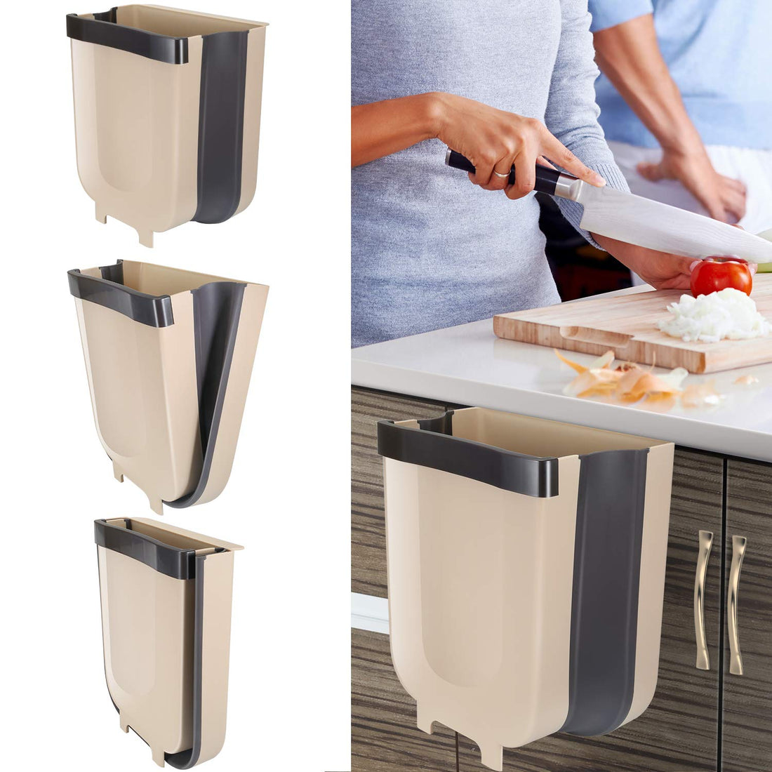 Hanging Trash Can for Kitchen Cabinet Door, Small Collapsible Foldable Waste Bins, Hanging Trash Holder for Bathroom Bedroom Office Car, Portable Home & Outdoor Garbage Can - 2.4 Gallon