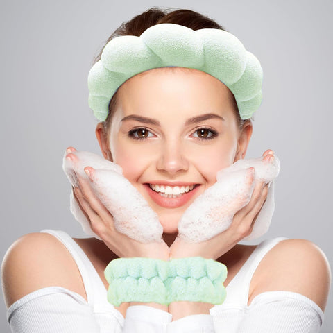 Spa Headband with Wristband Set for Washing Face or Facial Hairband for Women Girls Puffy Makeup Headbands for Face Washing, Mask, Skincare Light Green
