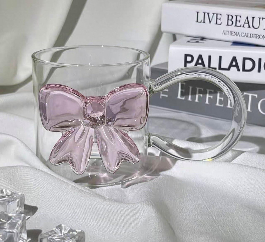 Elegant 3D Pink Bow Clear Glass Cup 300 ml Decorative Drinkware for Coffee, Juice & Milk, Gift for Girls & Women, Bow Drinkware for Everyday Use, Gifting & Home Décor (Set of 1)