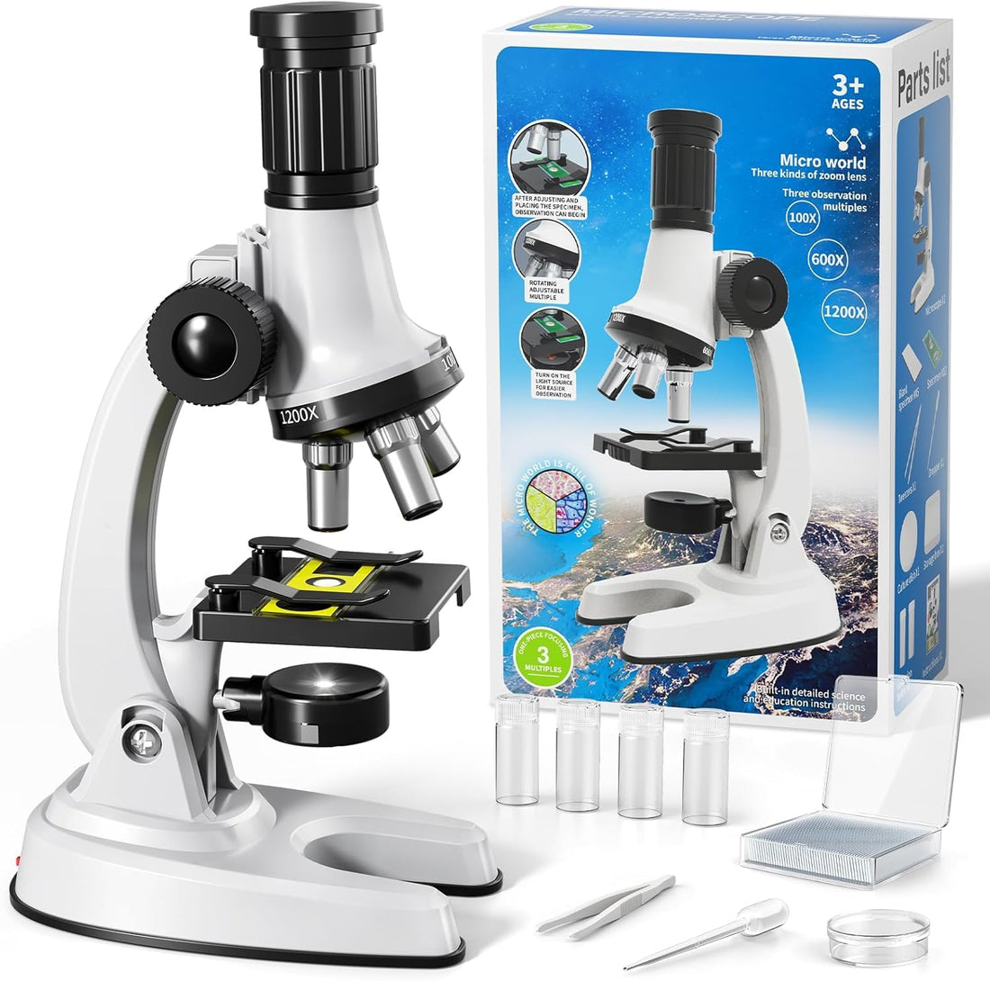 Amazing Microscope for Kids Beginners, 100X-1200X Magnification Science Kit with LED Light, Slides and Storage Case, Educational Stem Toy Microscope Set for Students and Children Ages 3-12