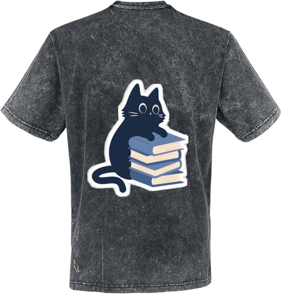 Black Cat on Books T-shirt washed back