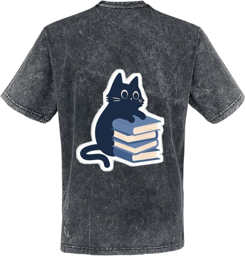 Black Cat on Books T-shirt washed back